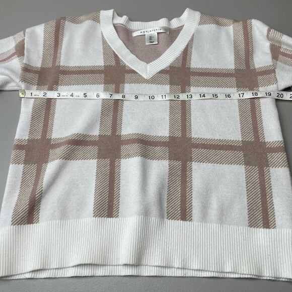 Max Studio V-Neck Sweater Long Sleeve Ribbed Hem Plaid Pullover Brown White L - Picture 10 of 12